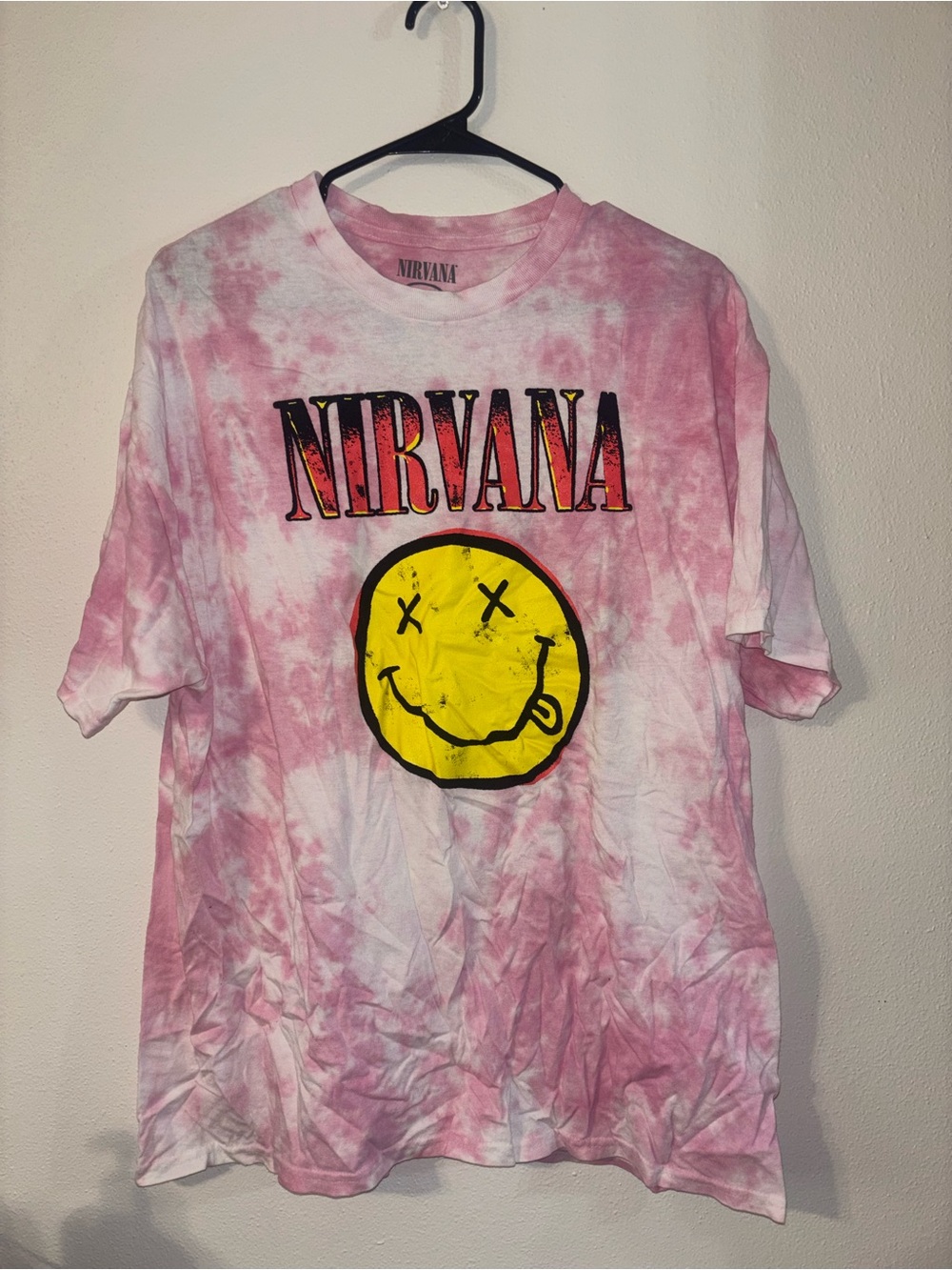 NIRVANA Pink Tie-Dye Short Sleeve Tee with Yellow Smiley